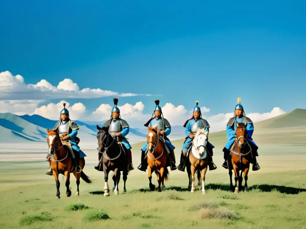 Un grupo de mercenarios en el ejército mongol, a caballo en una colina, con vistas a la vasta estepa