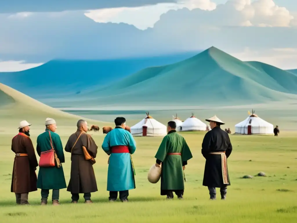 Un grupo de misioneros cristianos se reúne con una tribu nómada en las estepas de Mongolia, mostrando la religión en el Imperio Mongol