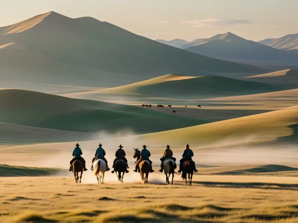 Grupo de espías mongol reúne información estratégica al amanecer en la estepa, destacando la importancia de los espías mongol en la campaña del Khan