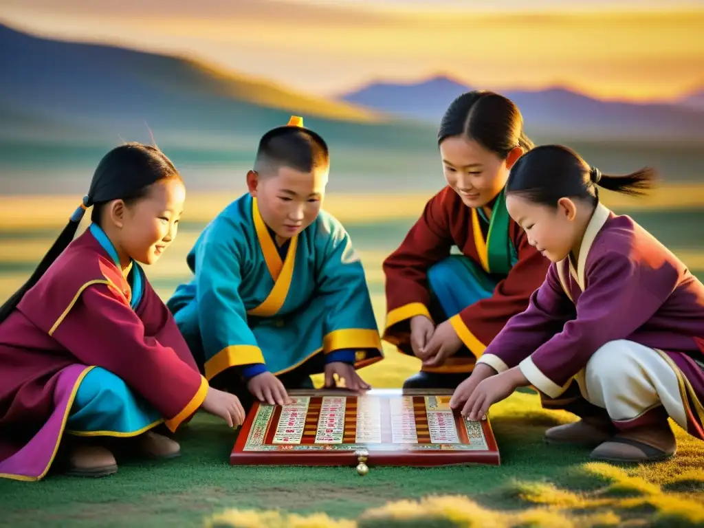 Un grupo de niños mongoles concentrados en un juego tradicional al atardecer, reflejando el entretenimiento en la sociedad mongola