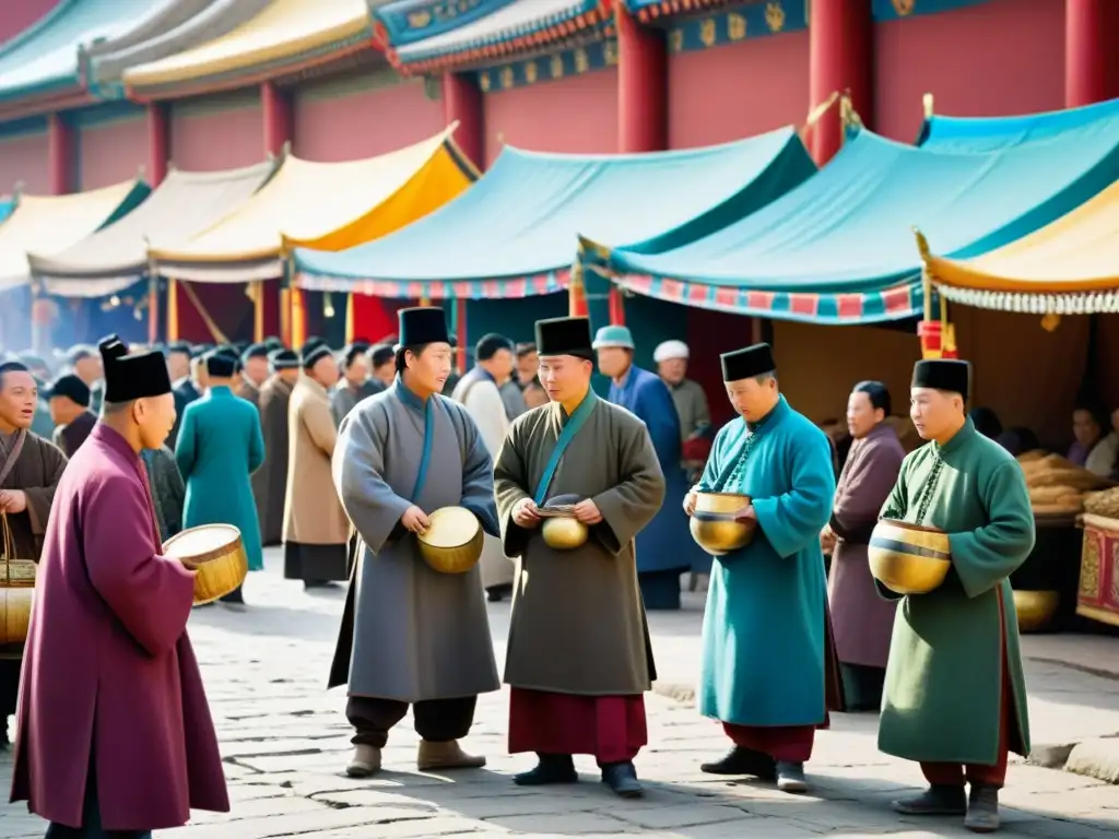 Un grupo de espías mongoles intercambiando mensajes codificados en un bullicioso mercado, mezclándose con la multitud y observando discretamente