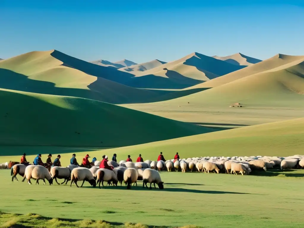 Grupo de khans mongoles liderando rebaño de ovejas en vasta y pacífica llanura, con majestuosa cordillera al fondo