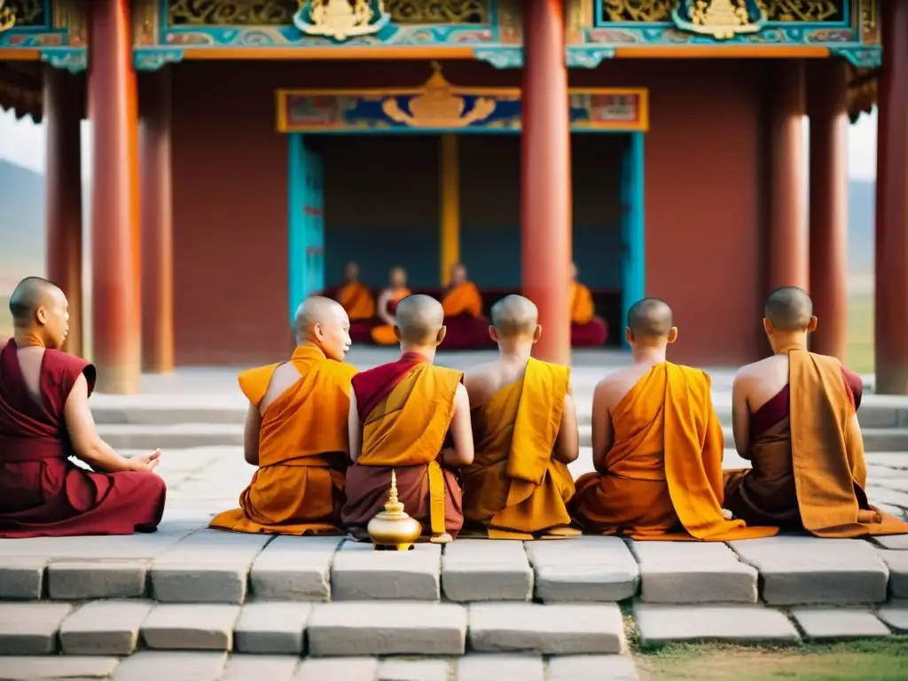 Un grupo de monjes budistas en meditación frente a un templo mongol, capturando la esencia de las prácticas espirituales budistas en Mongolia