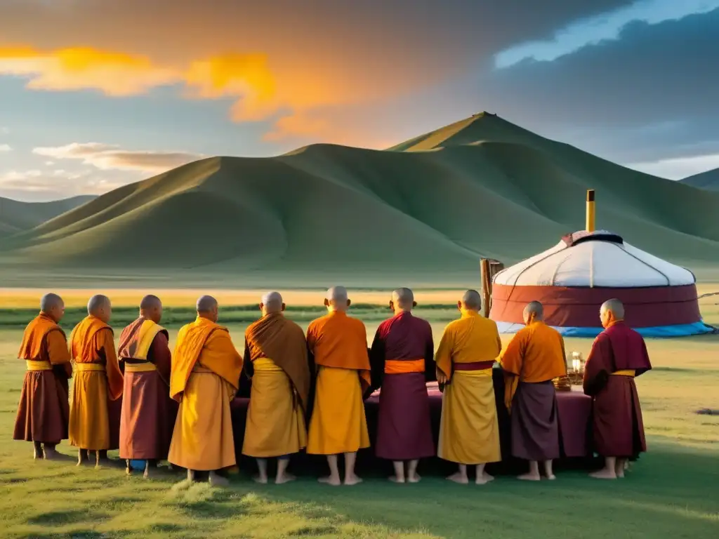 Un grupo de monjes budistas se reúnen en oración afuera de una yurta mongola, en medio de la vasta estepa