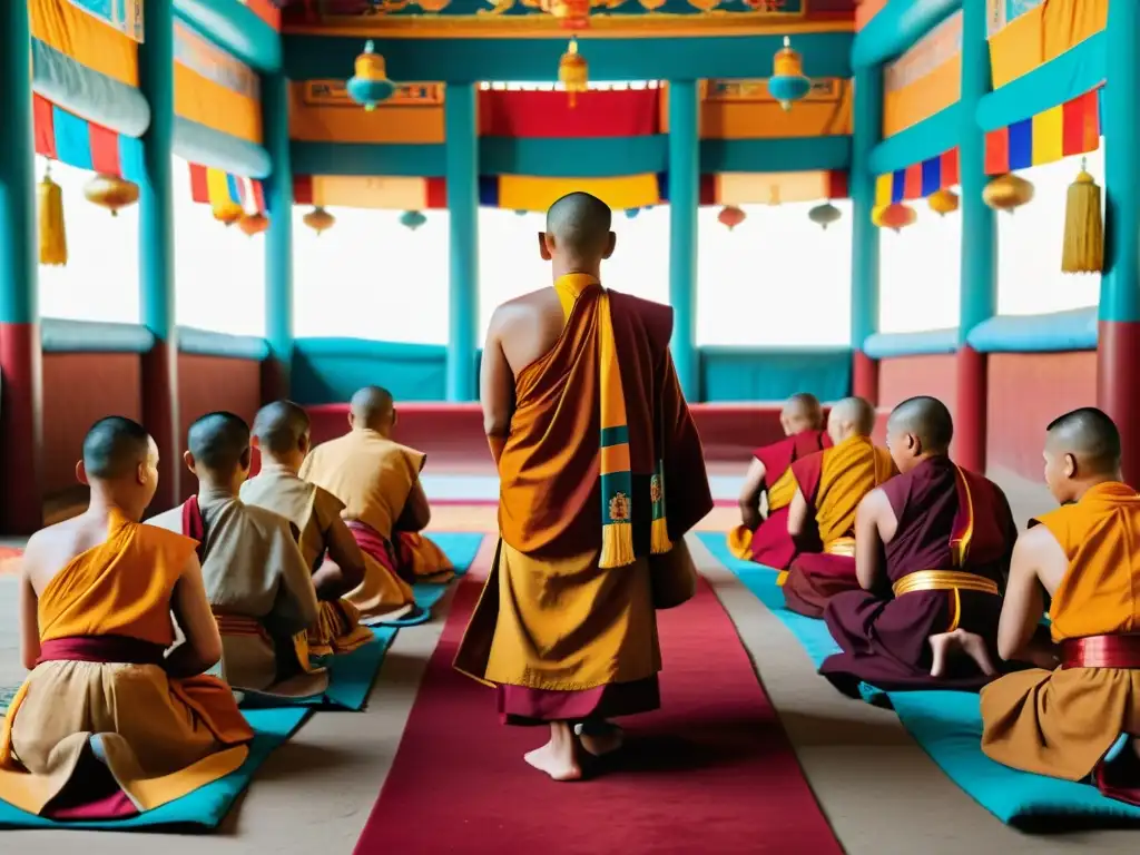 Grupo de monjes budistas mongol realizando ritual en templo vibrante, reflejando resurgimiento budismo Mongolia postsoviético