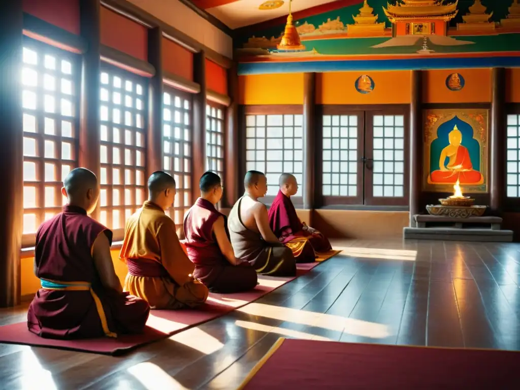 Un grupo de monjes budistas mongolas medita en un templo tradicional, rodeado de coloridos murales y tapices