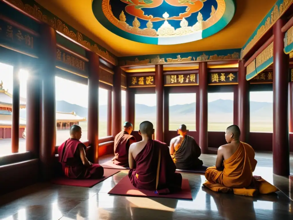 Un grupo de monjes budistas mongolas en oración y meditación en un templo bellamente decorado, con luz solar iluminando las obras de arte y esculturas