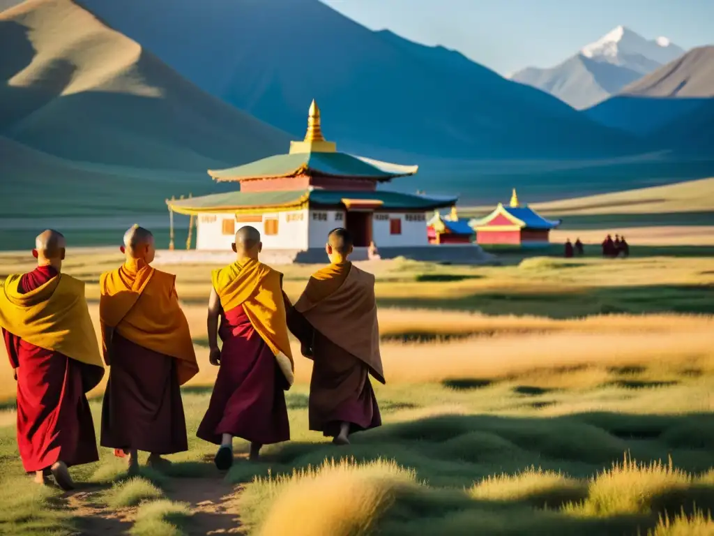 Un grupo de monjes budistas mongoles de pie frente a un majestuoso templo, con paisaje de praderas y montañas al fondo