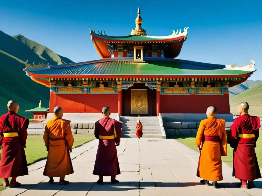 Un grupo de monjes budistas mongoles en ropas tradicionales frente a un templo decorado