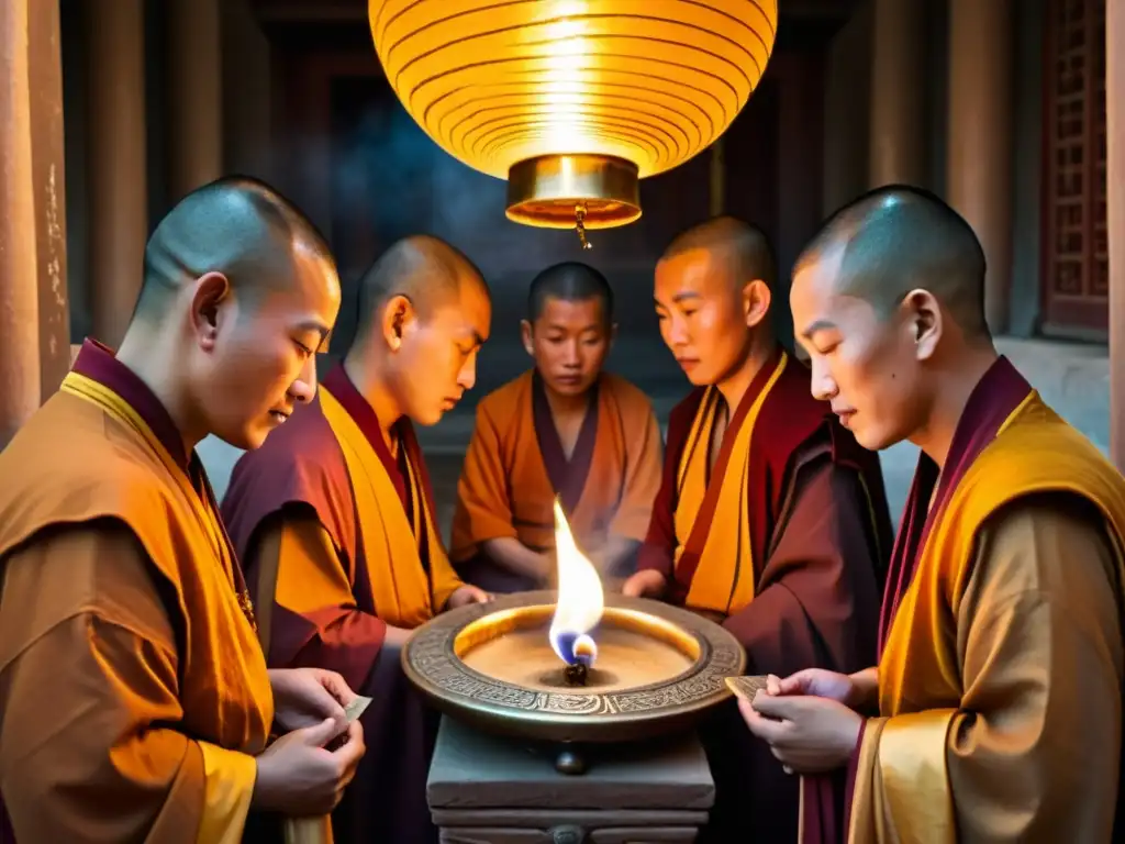 Un grupo de monjes budistas mongoles en saffron, meditando y cantando en un festival budista en Mongolia