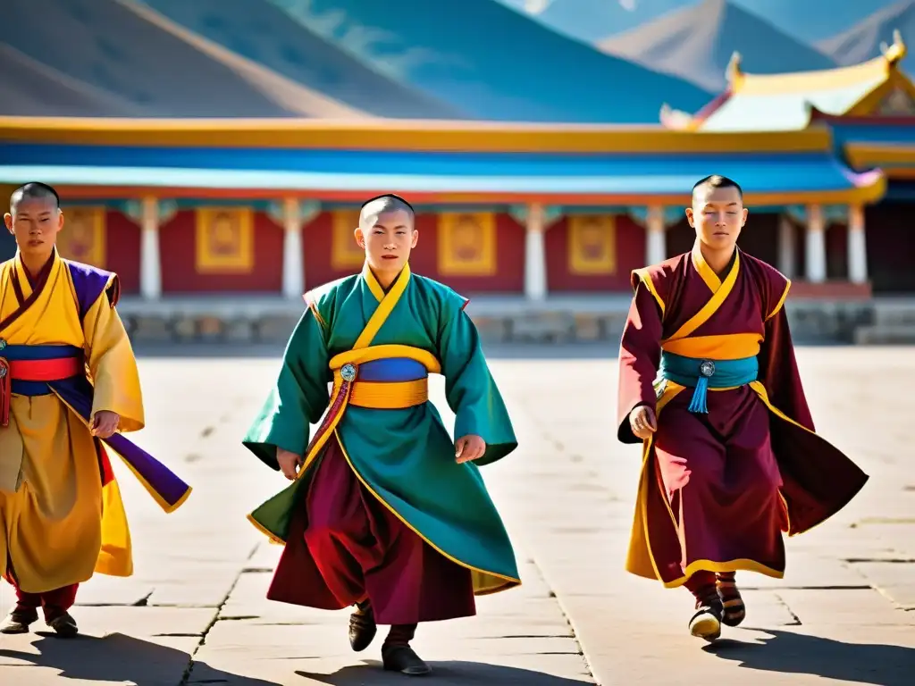 Un grupo de monjes budistas mongoles ejecuta la Danza del Tsam en un patio soleado, transmitiendo reverencia espiritual y riqueza cultural