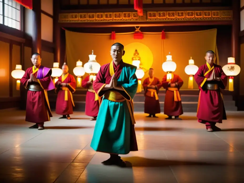 Un grupo de monjes budistas mongoles se viste con trajes tradicionales vibrantes y realiza la mística Danza del Tsam en un templo iluminado por lámparas de mantequilla