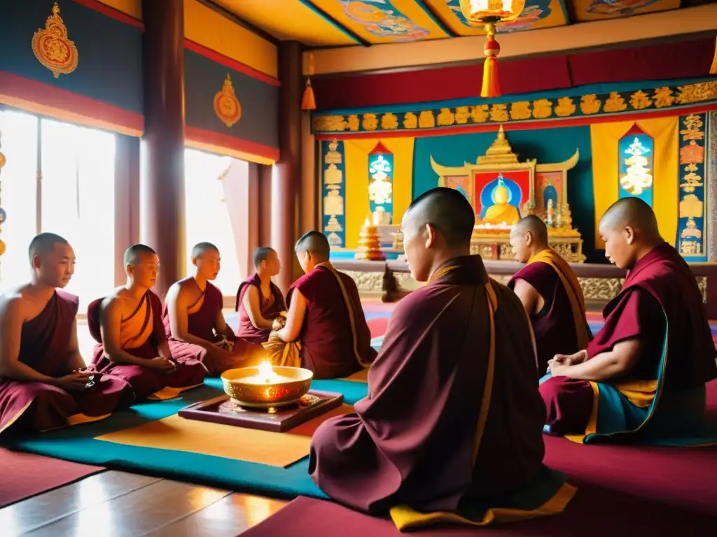 Un grupo de monjes budistas mongoles realiza un ritual en un templo decorado, creando una atmósfera espiritual y serena