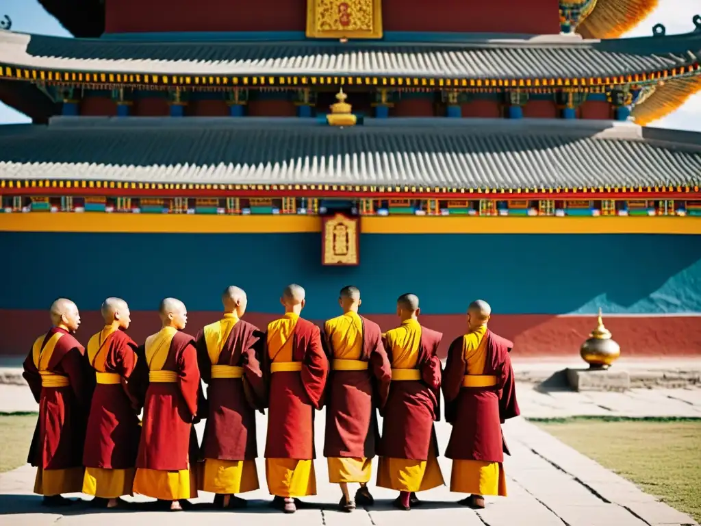 Un grupo de monjes budistas en Mongolia realizando prácticas espirituales frente a un templo decorado