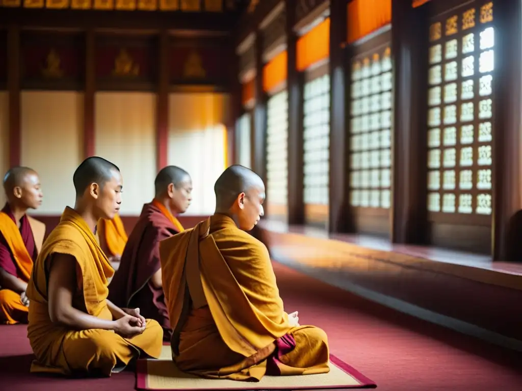 Un grupo de monjes budistas en meditación en un templo tranquilo, con saffron robes, iluminados por la luz suave del sol