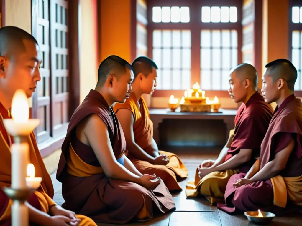 Un grupo de monjes budistas mongolos rezando en un templo tradicional, iluminados por velas