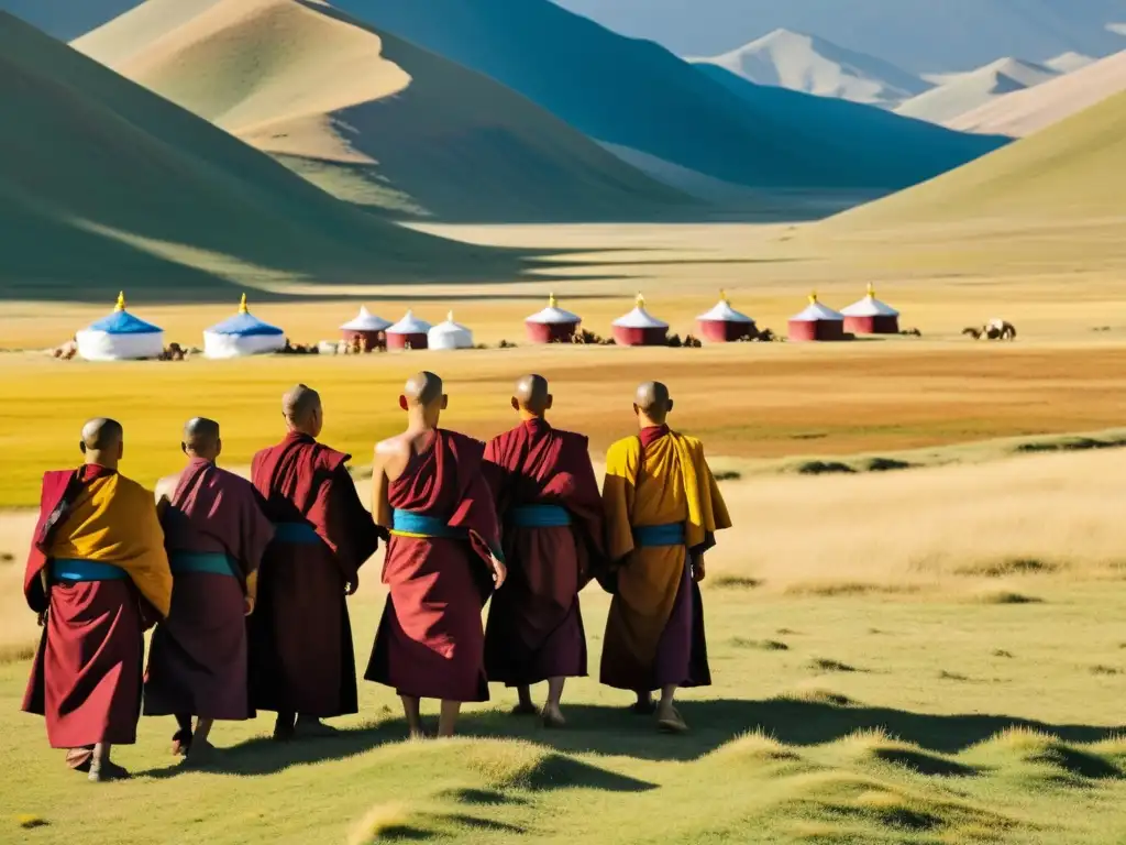 Un grupo de monjes budistas tibetanos en túnicas color carmesí frente a una ger mongola, rodeados por el vasto paisaje de las estepas