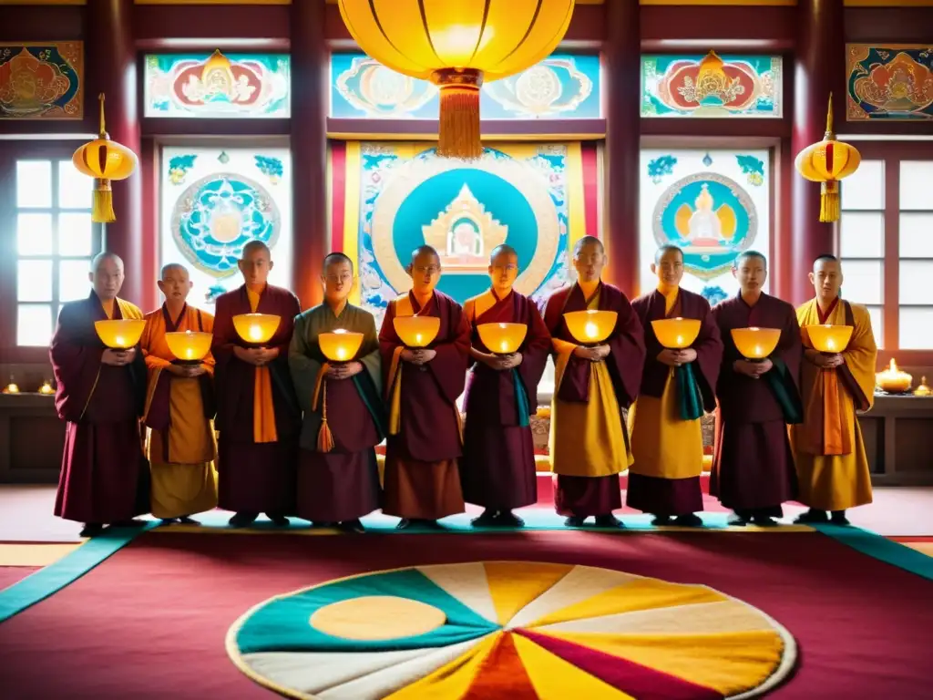 Un grupo de monjes budistas de Mongolia viste túnicas tradicionales mientras participa en una solemne ceremonia en un templo ricamente decorado