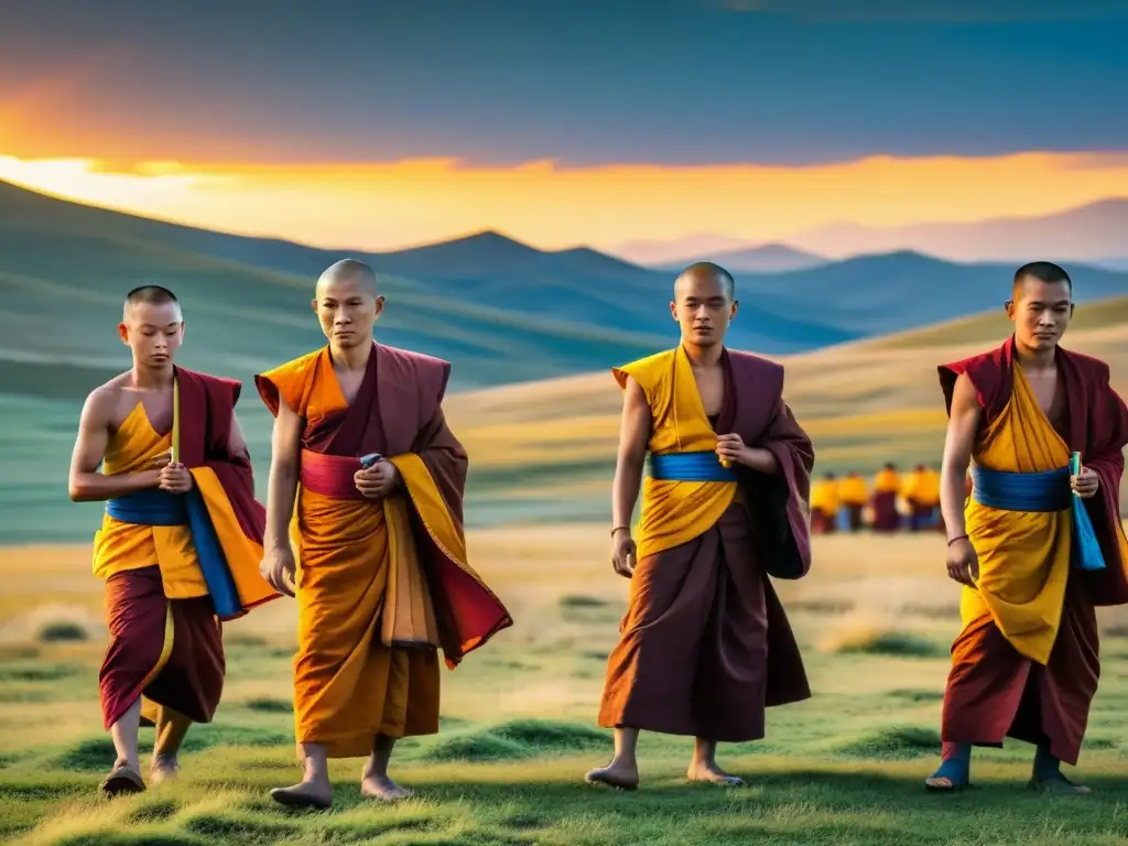 Un grupo de monjes budistas vestidos con túnicas de color azafrán realiza un baile ritual en las vastas estepas de Mongolia al atardecer, rodeados por coloridas banderas de oración