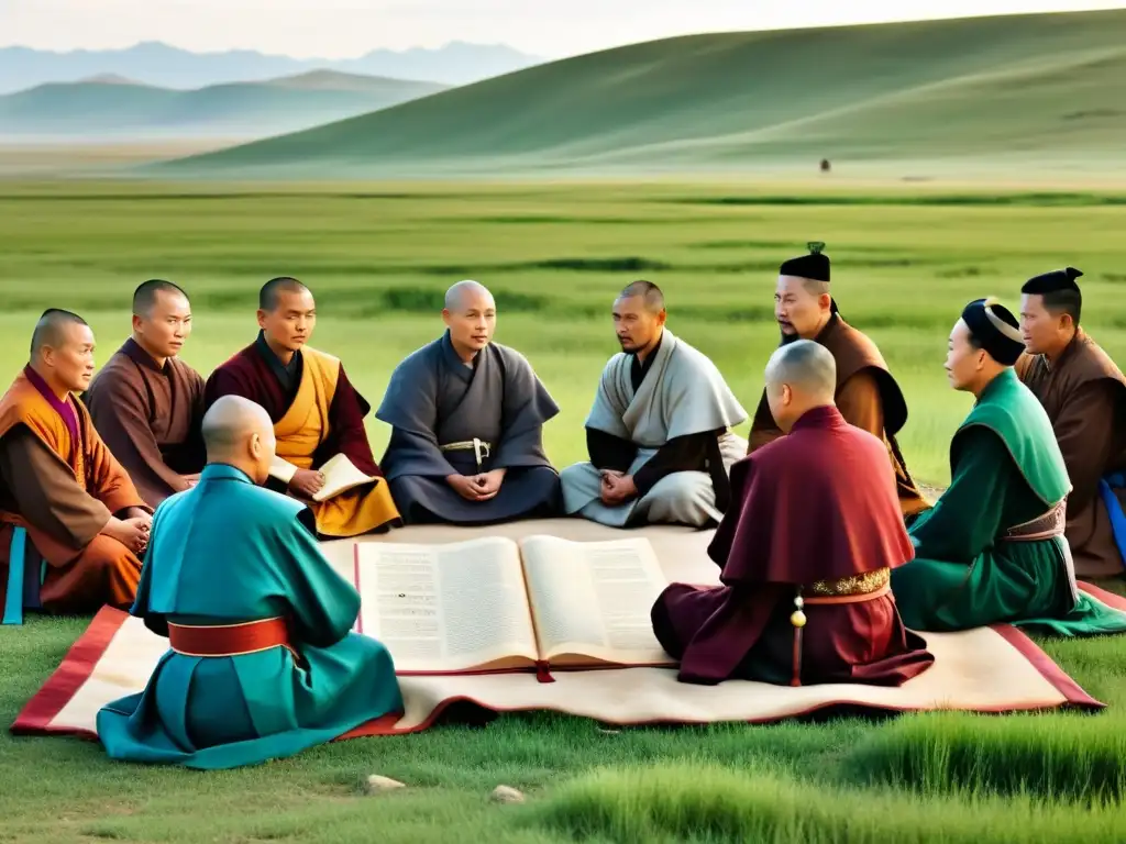 Grupo de monjes cristianos nestorianos y líderes mongoles en animadas discusiones en la estepa mongola al atardecer