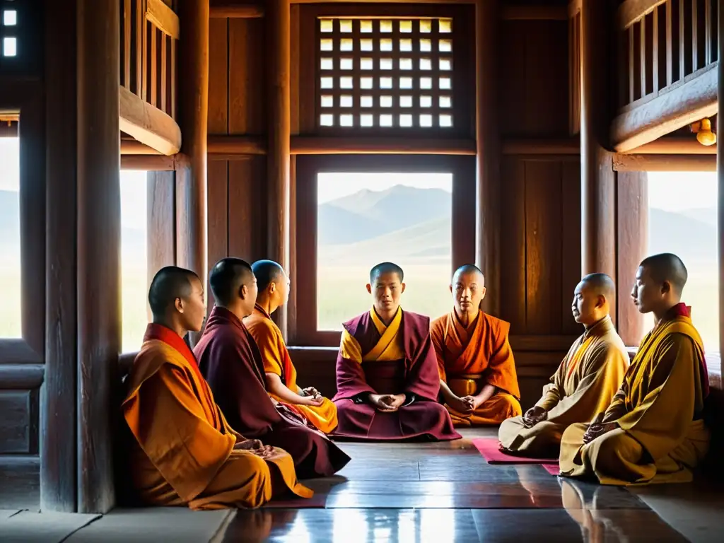 Grupo de monjes en meditación en un monasterio mongol, sumergidos en la contemplación espiritual