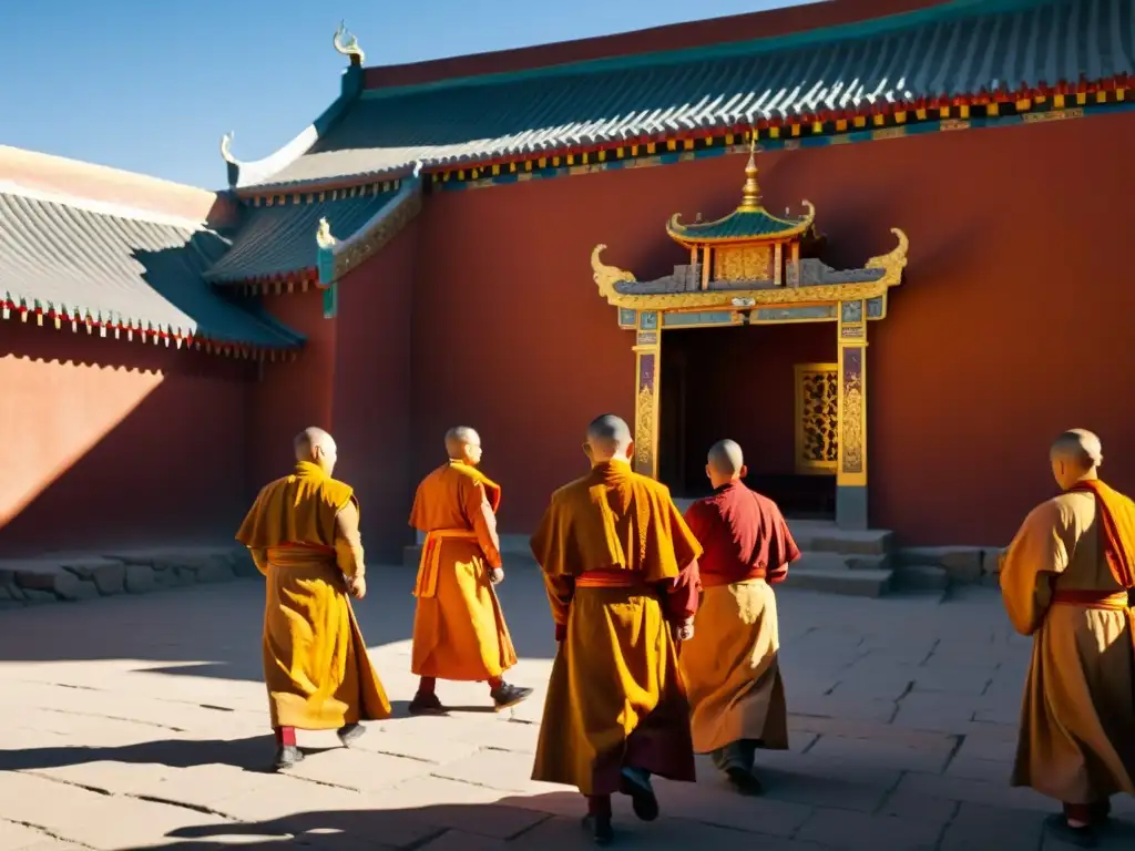 Un grupo de monjes en el Monasterio Erdene Zuu, Mongolia, realizando un ritual bajo el cálido sol, con humo de incienso en el aire