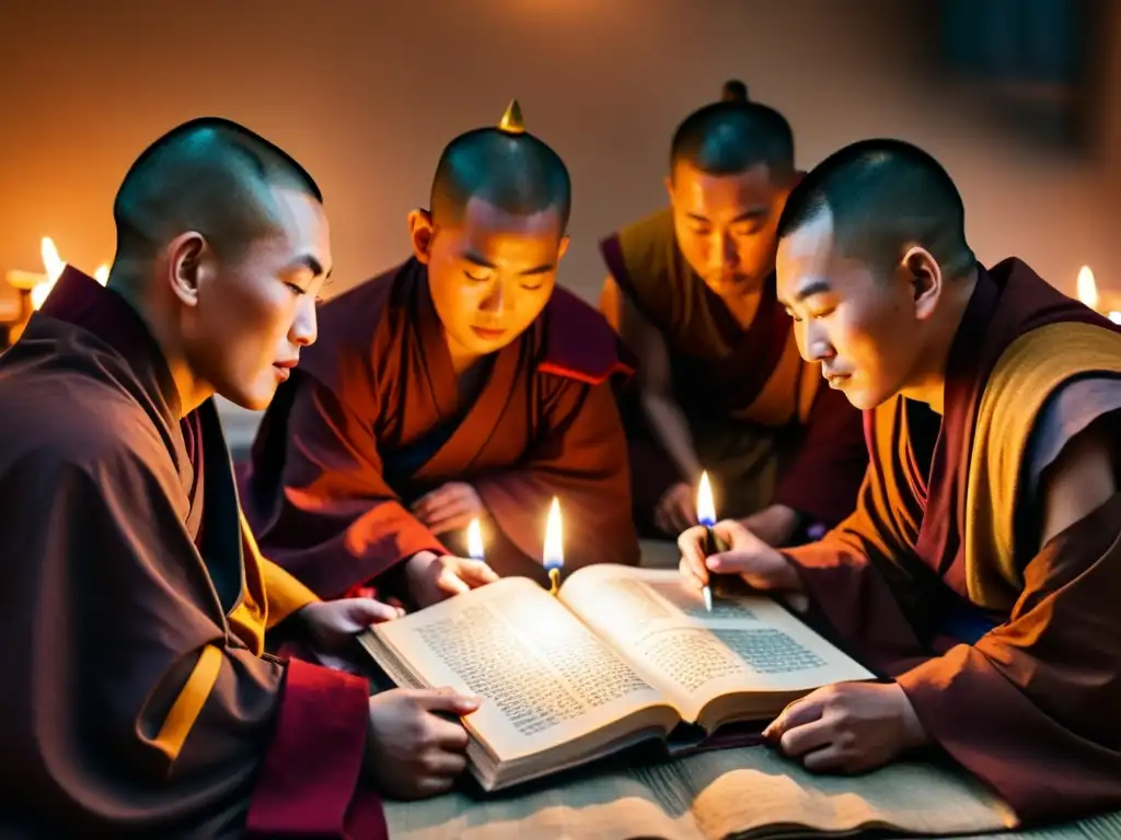 Un grupo de monjes mongoles discuten Sutras Budistas, con rostros iluminados por la suave luz de las velas