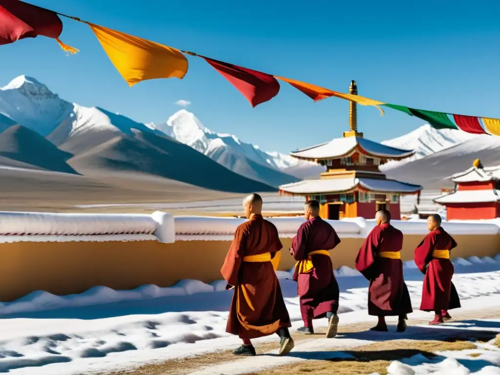 Un grupo de monjes mongoles realiza una ceremonia budista frente a un templo decorado con banderas de oración