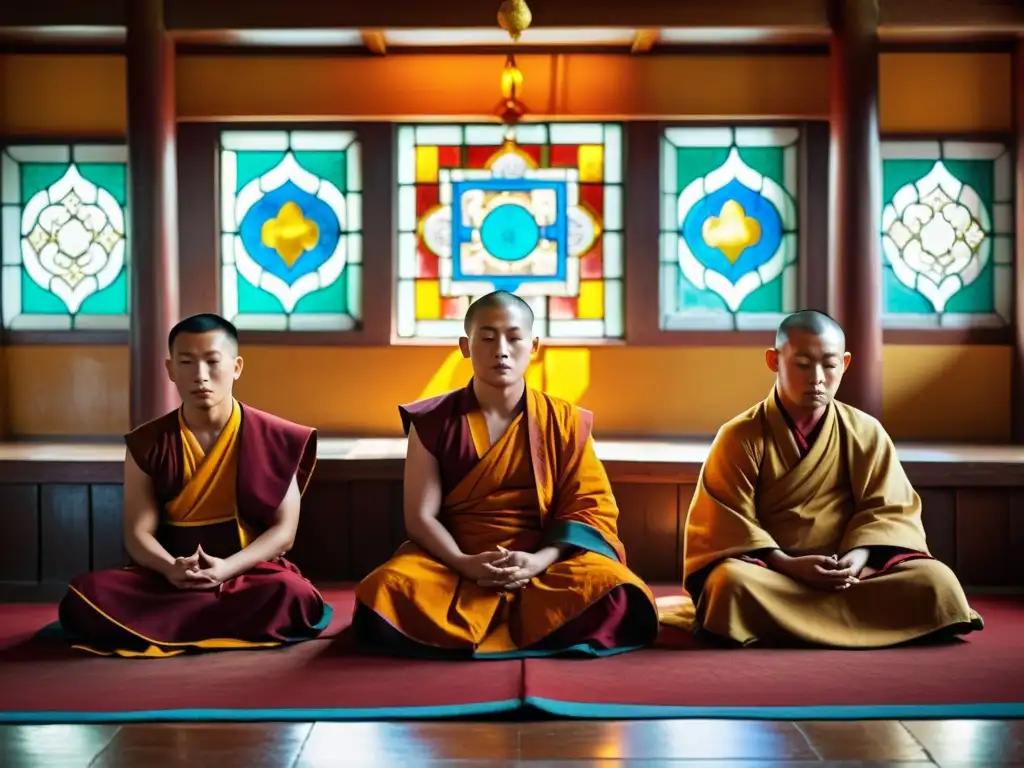 Grupo de monjes mongoles meditando en un hermoso templo budista