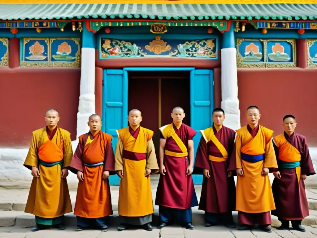 Un grupo de monjes mongoles en el icónico Monasterio de Erdene Zuu, resurgimiento budismo Mongolia postsoviético