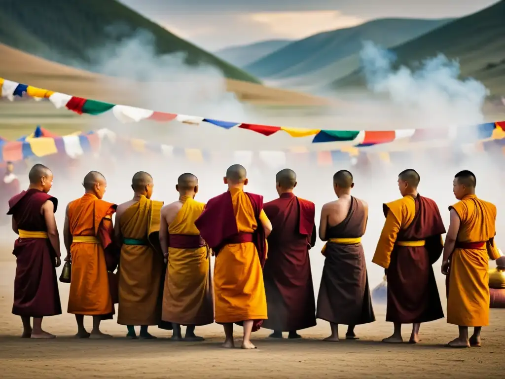 Un grupo de monjes mongoles en un ritual budista, rodeados de banderas de oración y humo de incienso, con un paisaje mongol vasto al fondo