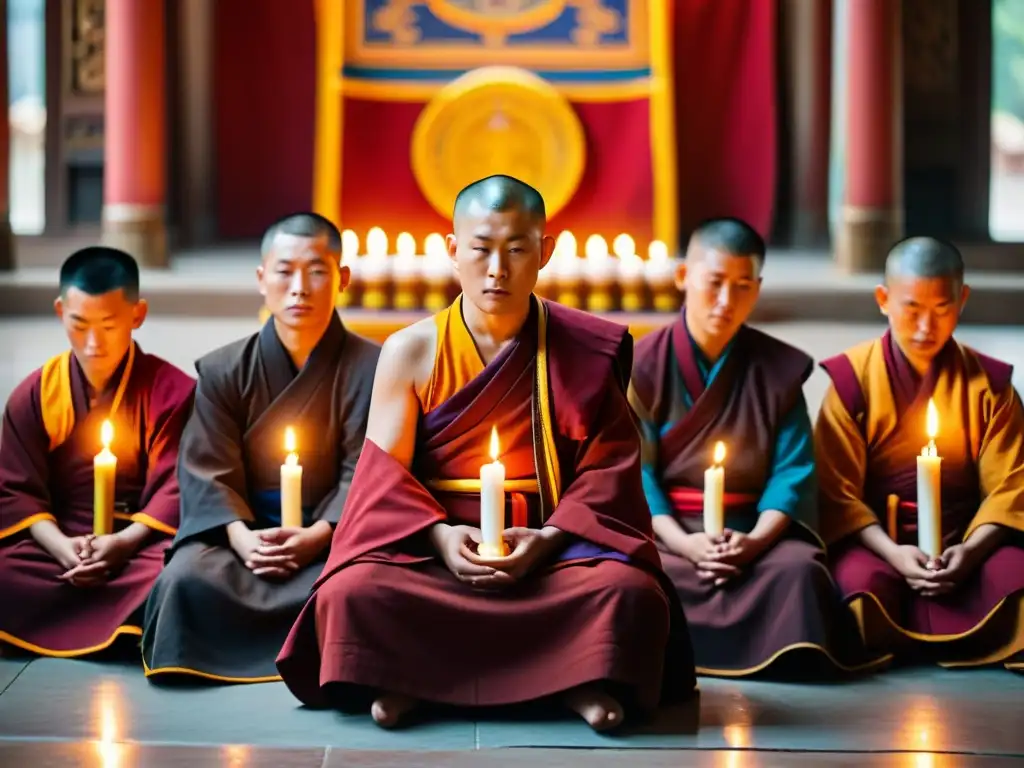 Un grupo de monjes mongoles medita en un templo tradicional, inmersos en la resonancia de las enseñanzas del Dalái Lama en Mongolia