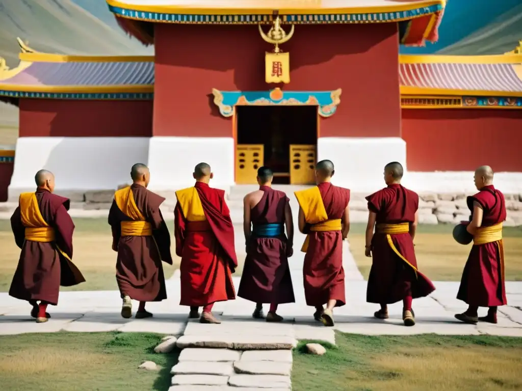 Un grupo de monjes mongoles en túnicas rojas frente a un hermoso templo budista tibetano, con paisaje al fondo