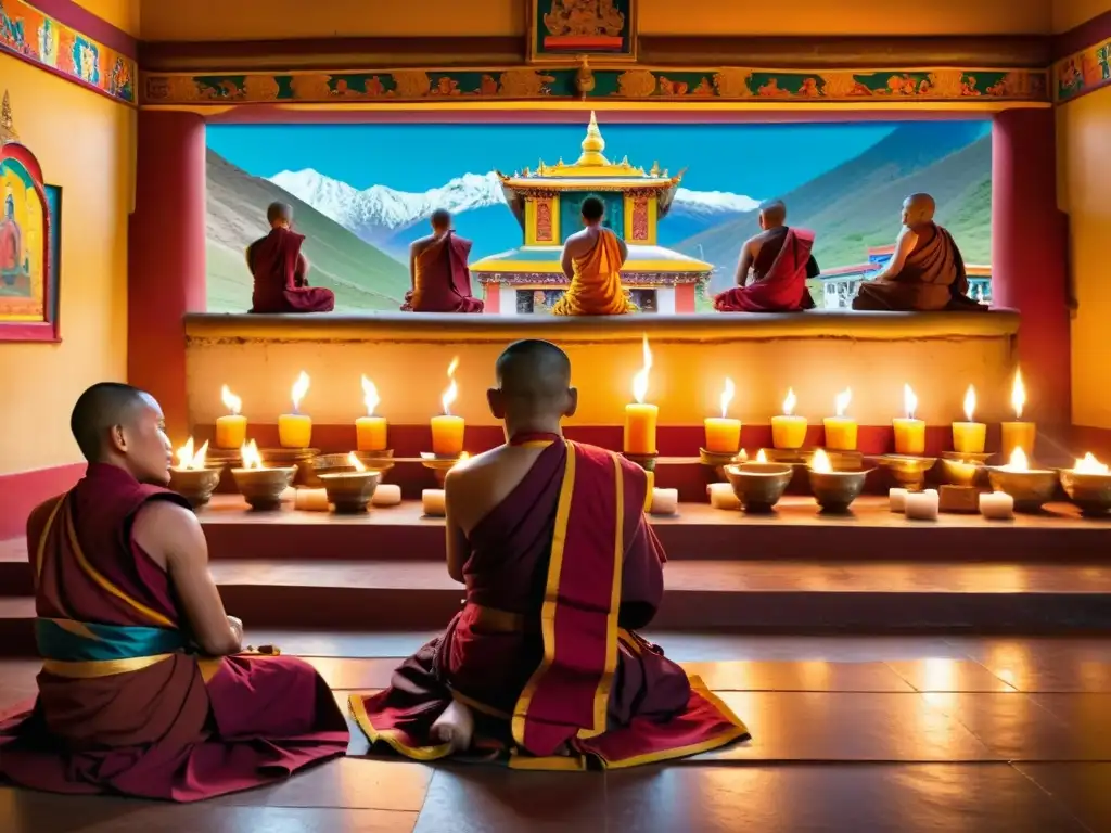 Grupo de monjes tibetanos rezando en un monasterio decorado, rodeados de artefactos religiosos