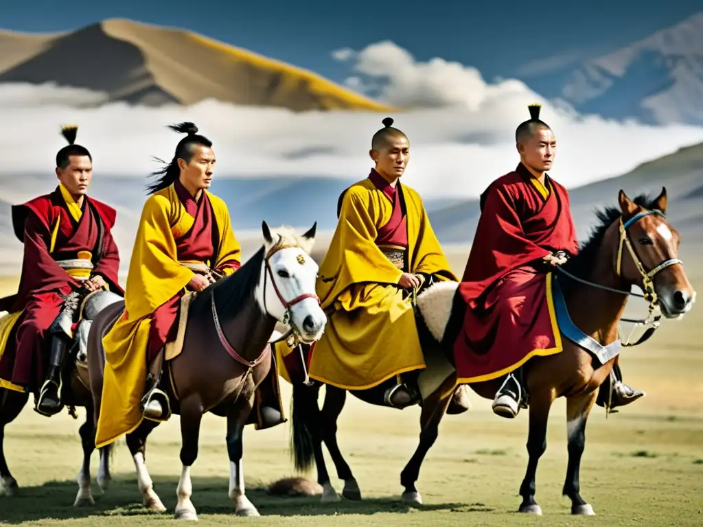 Un grupo de monjes tibetanos en sus tradicionales túnicas rojas y amarillas frente a un guerrero mongol a caballo