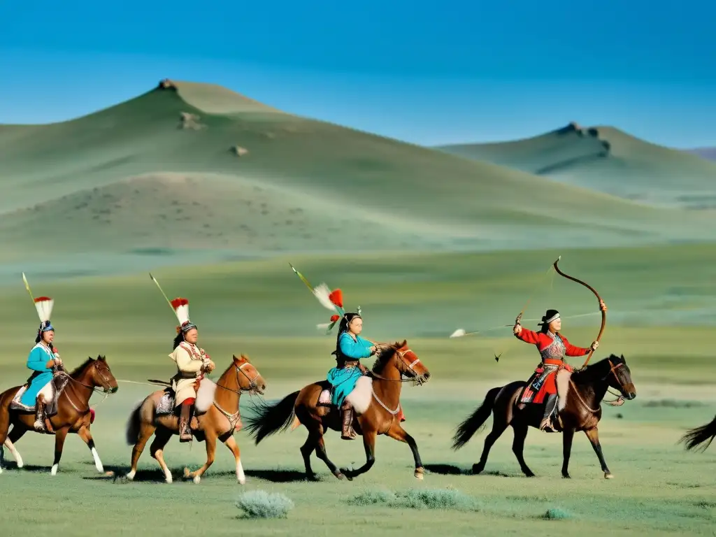 Grupo de mujeres arqueras montando a caballo practicando tiro con arco en la vasta estepa mongol