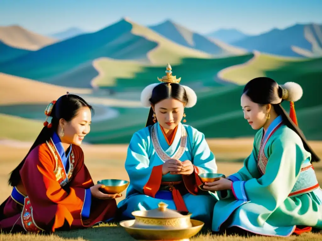 Un grupo de mujeres participa en una ceremonia religiosa tradicional en el Imperio Mongol, vistiendo coloridos trajes y joyas