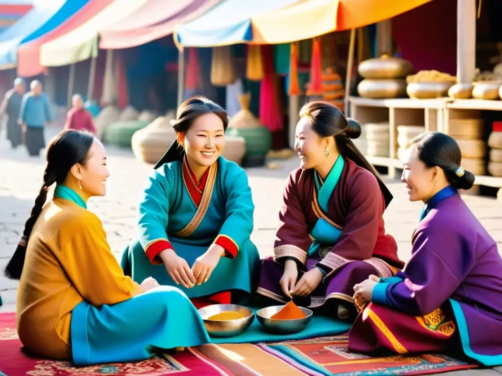 Grupo de mujeres comerciantes mongolas en un bullicioso mercado, destacando el papel de las mujeres en el comercio mongol