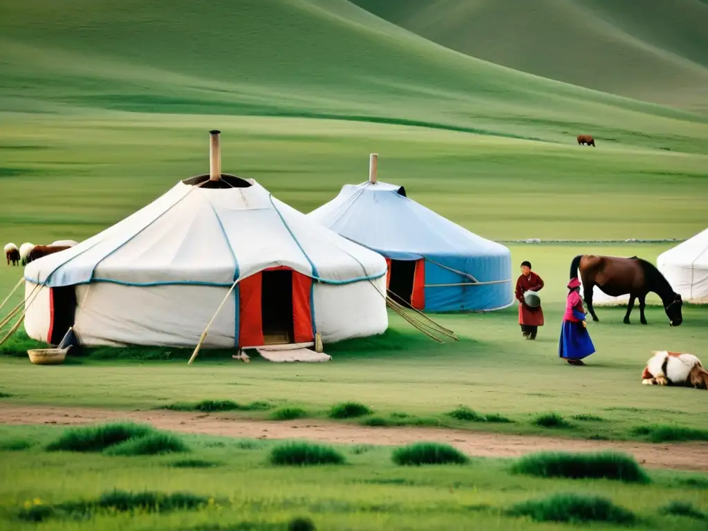 Un grupo de mujeres extraordinarias en el Imperio Mongol realizando tareas diarias en un paisaje vasto y hermoso