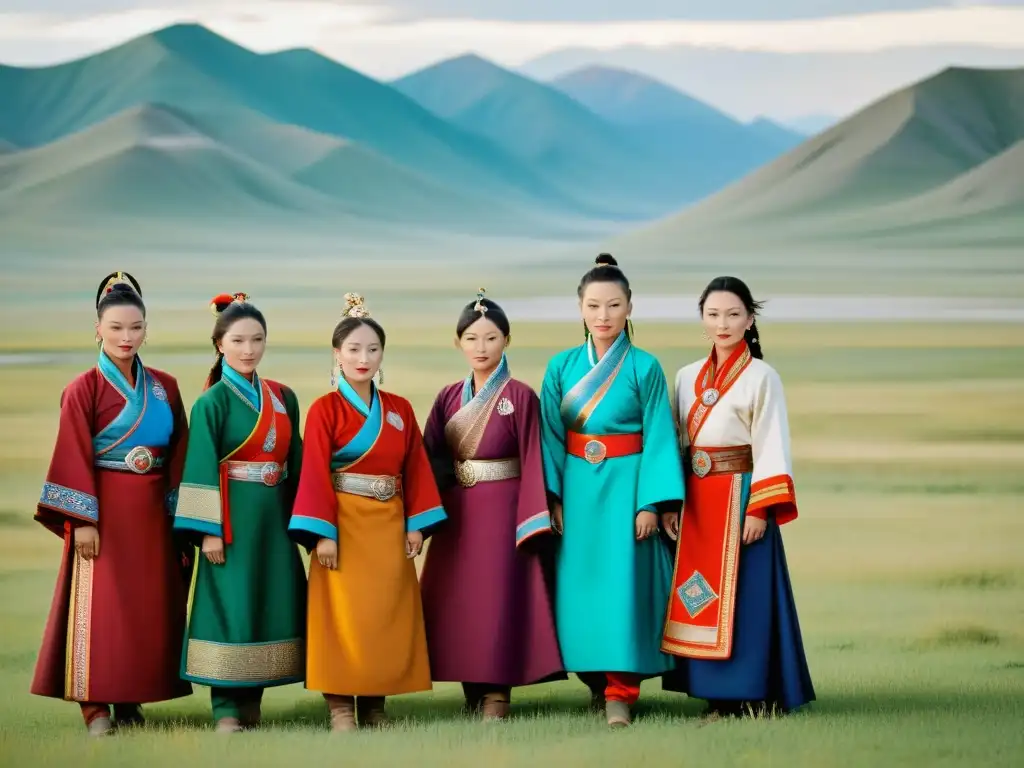 Grupo de mujeres extraordinarias en el Imperio Mongol, vistiendo trajes tradicionales, mostrando fuerza y resiliencia en la vasta y hermosa naturaleza mongola