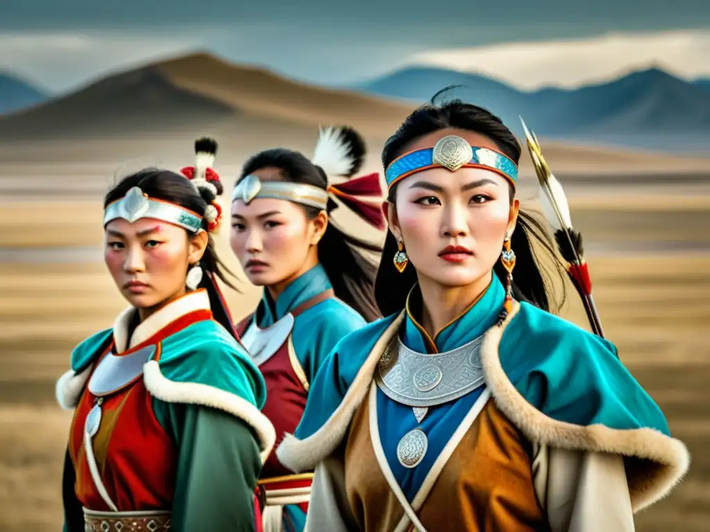 Grupo de mujeres guerreras en Mongolia, ataviadas con trajes tradicionales y arcos, destacando su fuerza y determinación en la estepa mongola