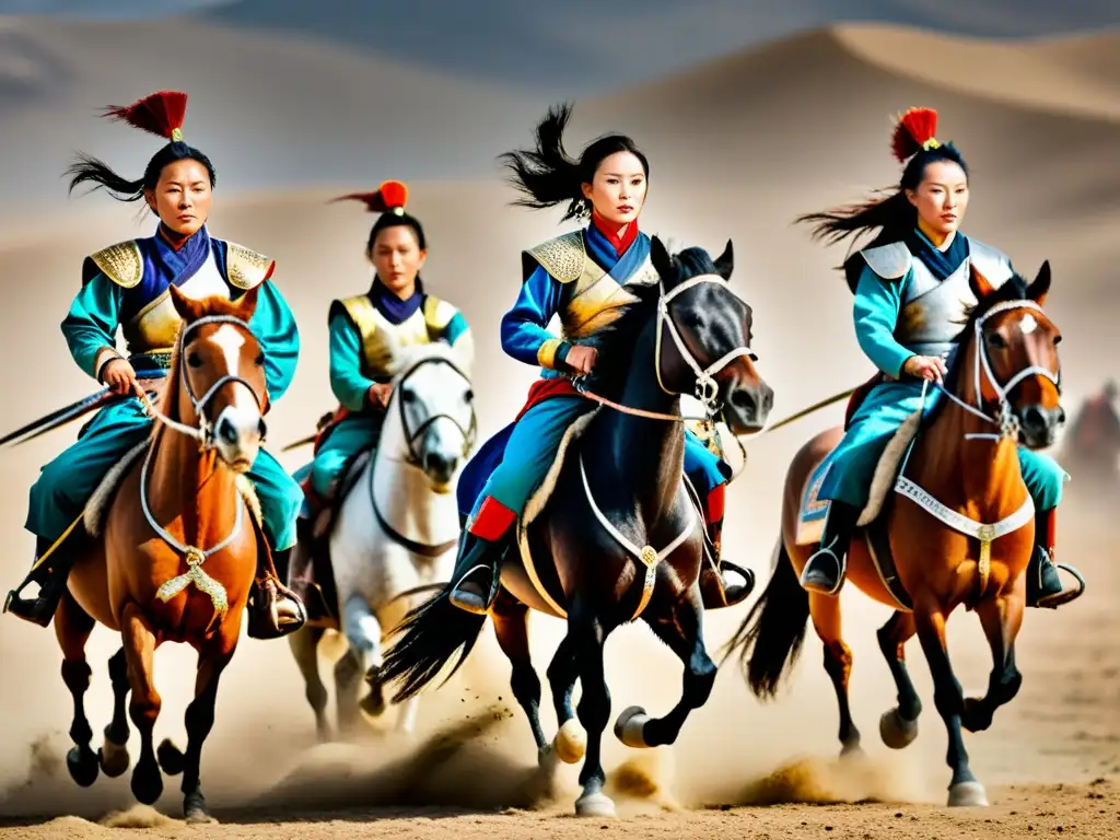 Un grupo de mujeres guerreras mongoles a caballo, liderando una carga en las llanuras polvorientas del Medio Oriente, mostrando su participación en las conquistas mongolas