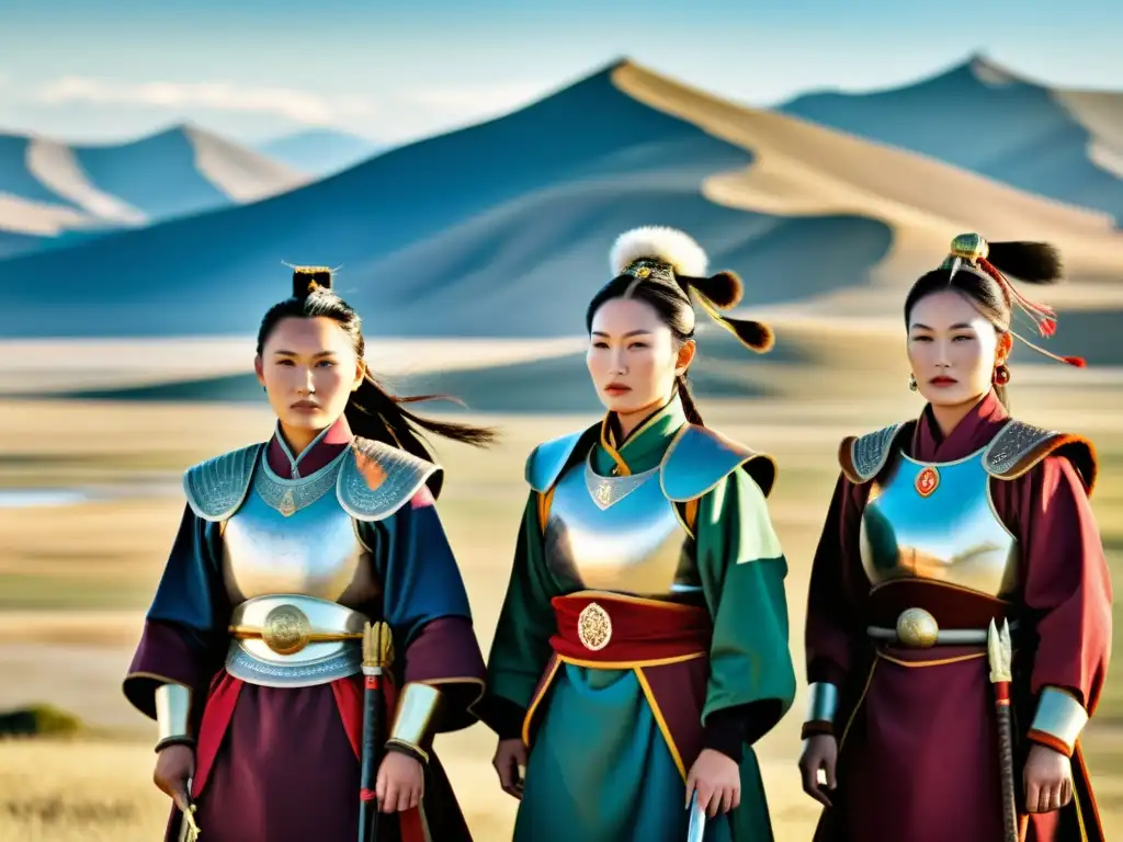 Un grupo de Mujeres guerreras en Mongolia, vestidas con armaduras tradicionales, posan orgullosas en la vasta tierra mongola, evocando fuerza y legado