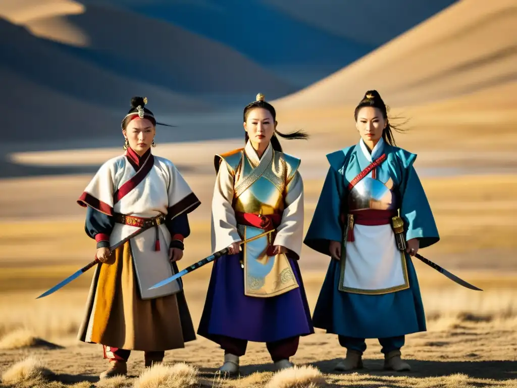 Un grupo de Mujeres guerreras en Mongolia, vestidas con atuendos tradicionales, en un paisaje vasto y soleado