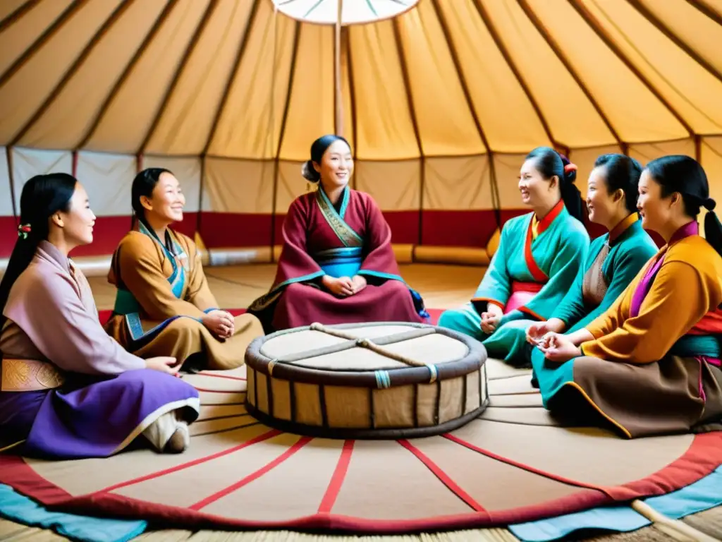 Grupo de mujeres en yurta mongola, intercambiando ideas y apoyo