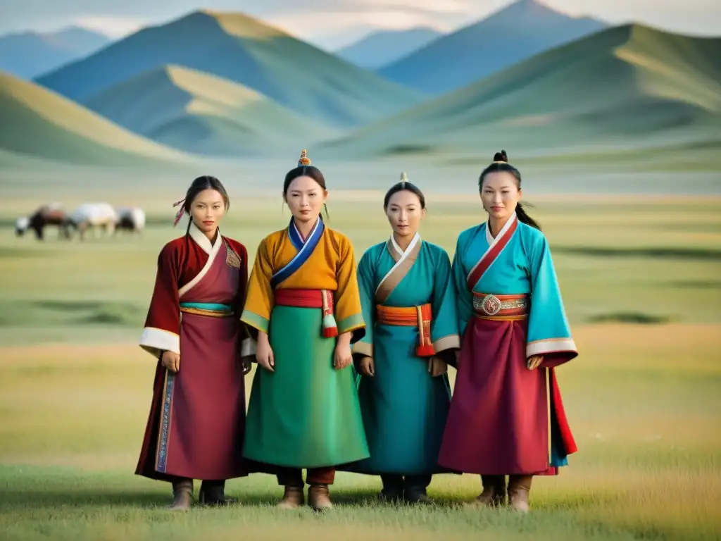 Un grupo de Mujeres en el Imperio Mongol, visten trajes tradicionales y posan orgullosas en las extensas praderas y montañas distantes