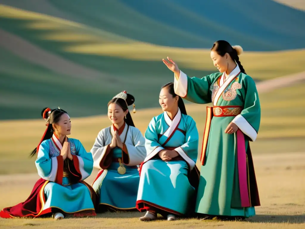 Un grupo de mujeres en el Imperio Mongol viste trajes tradicionales en un ritual cultural, en medio de un paisaje impresionante