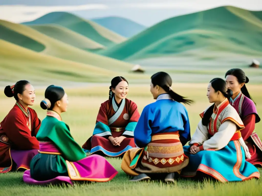 Un grupo de mujeres en el Imperio Mongol, vistiendo trajes tradicionales, reunidas en las praderas, mostrando su poder y liderazgo