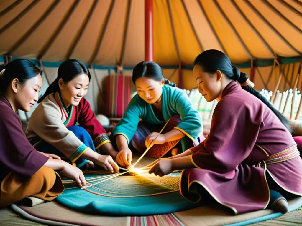 Grupo de mujeres mongolas tejiendo artesanía tradicional en yurta con luz natural cálida