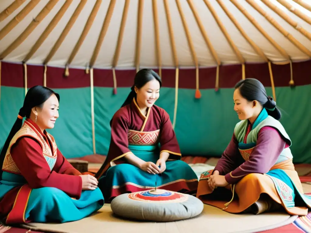 Un grupo de mujeres mongolas elaborando artesanía con precisión en una yurta tradicional, rodeadas de coloridos hilos y telas